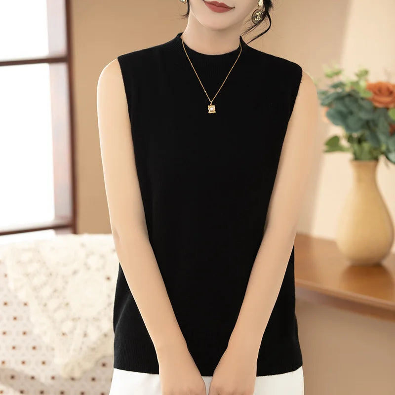 2025 New Spring and Summer 100% Merino Wool Sleeveless Mock Neck Pullover Women's Solid Color Sweater Women's Clothes