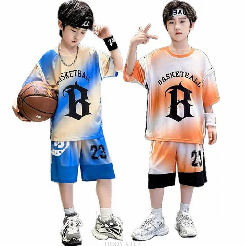 Child Boy Summer Sports Jerseys Suit T-shirt Shorts Tracksuit 2Pcs Clothes Set Teenage Kids Basketball Uniform Clothing Set 5-14