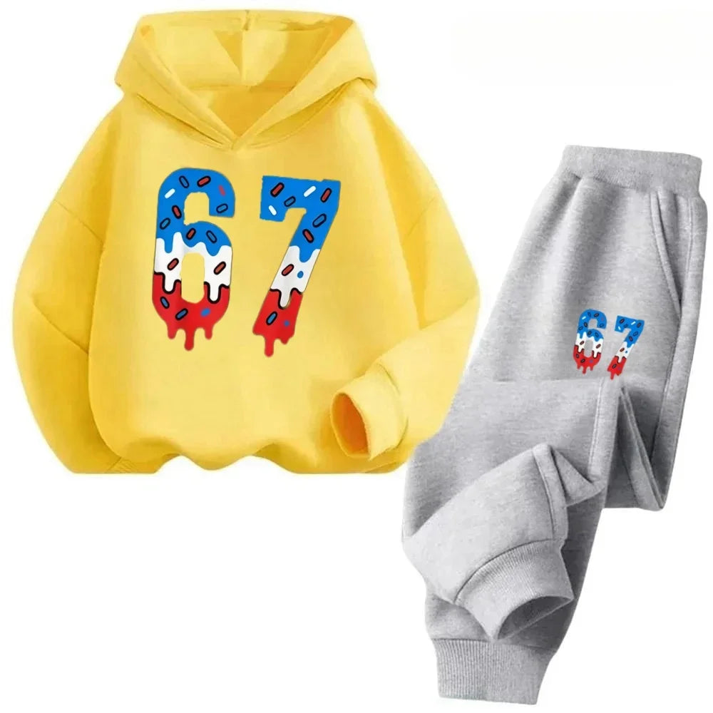67 Chic Children's Hoodies Set 3-12Y Korean Streetwear Block Tracksuit Fashion Comfortable Kids Sweatshirt 2 Pcs Sets Pant Suit
