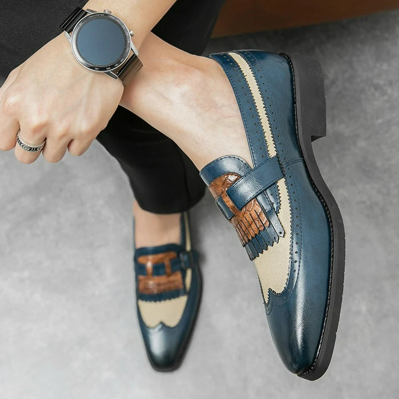 Men Loafers Business Dress Shoes British Style Leather Brogue Shoes Slip on Office Leather Shoes Handmade Pointed Toe Men Flats