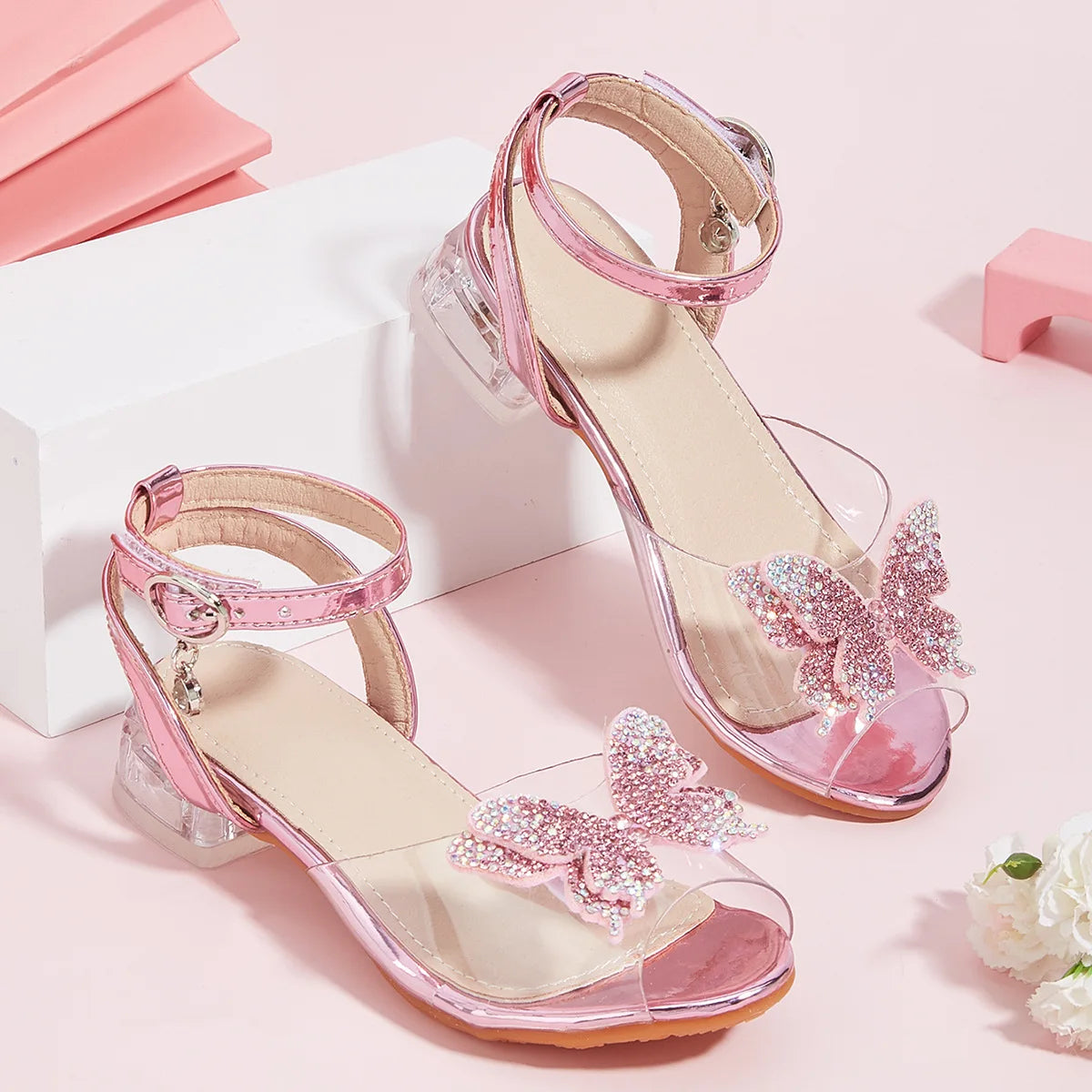 2025 Summer Latest Girls Sandals Bow Thick with Transparent Ankle Strap Children High Heels Rhine-drill Open Toe Princess Shoes