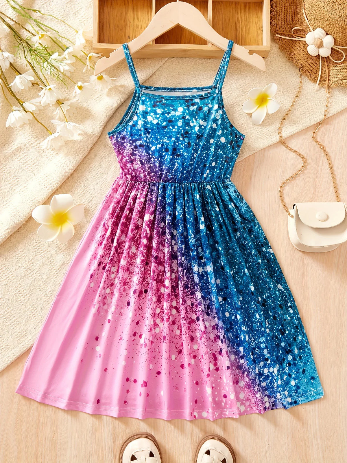 Children's Clothing for Girls: Sparkling All-Over Print Dress, Fashionable Strap Dress for Girls Aged 1-8, Dazzling Strap Dress