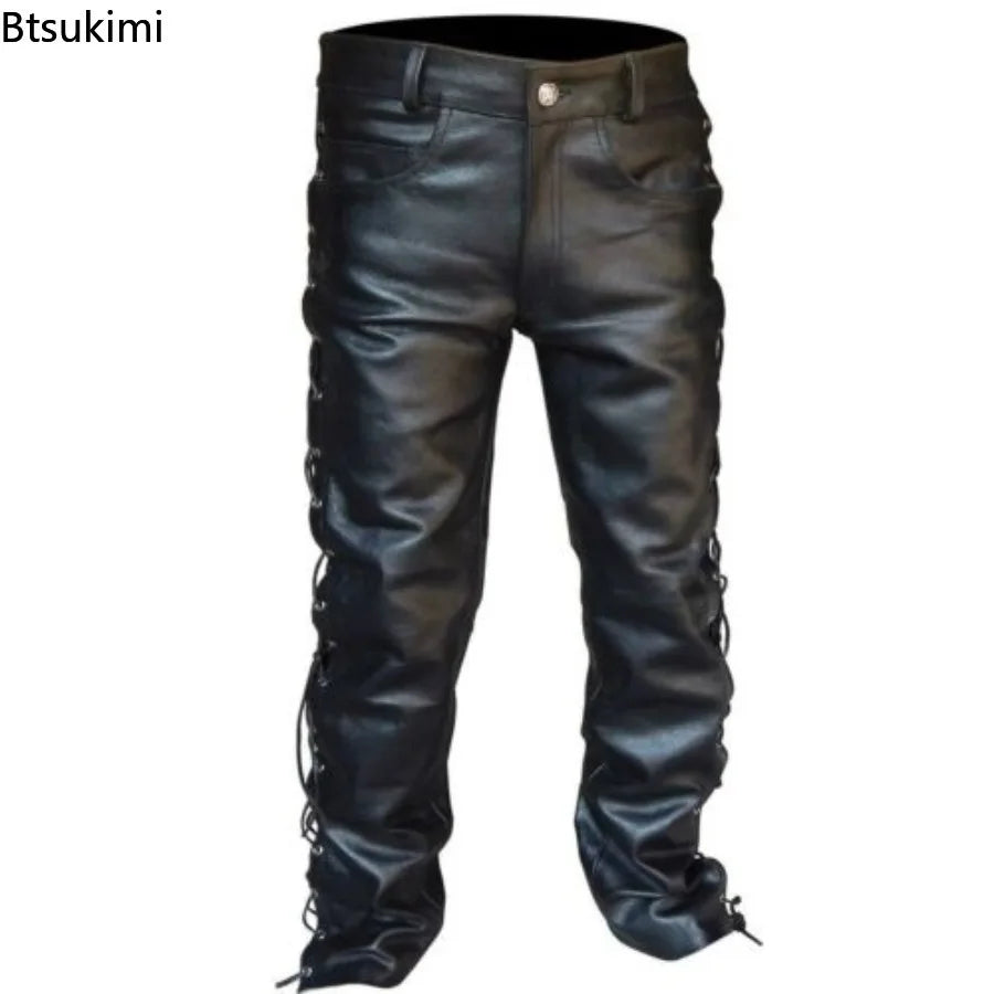 Men's Black PU Leather Side Laces Up Punk Style Long Pant Motorcycle Leather Trousers Leather Motorcycle Four Seasons Pants Male