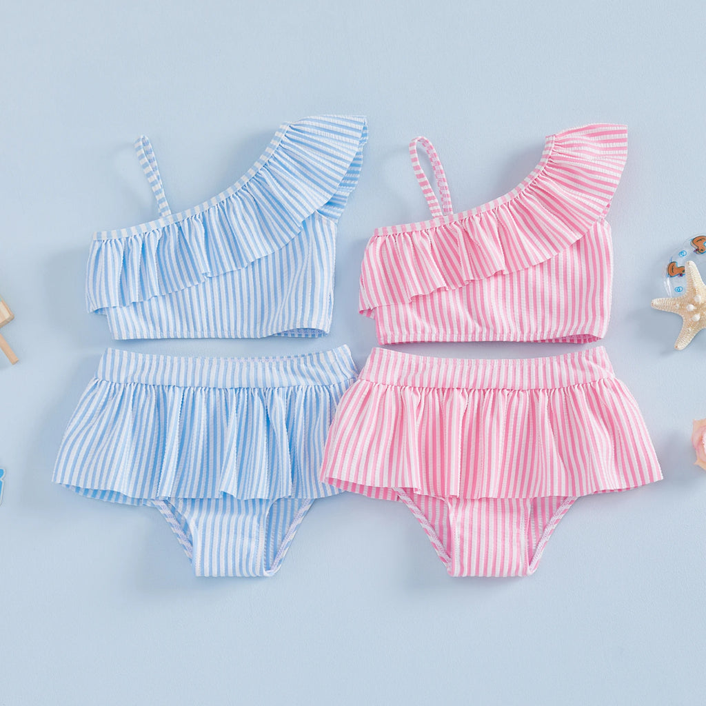  1-5Y Toddler Girls 2pcs Bikini Sets Kids Striped One Shoulder Asymmetric Swimsuit Ruffled Swimwear Summer Beach Bathing Suit