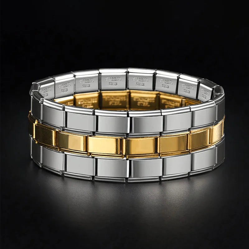 Men's Women's Jewelry DIY 9MM Width Italian Elastic Charm Bracelets Gold Silver Solid Color Stainless Steel Fashion Bangle Basic