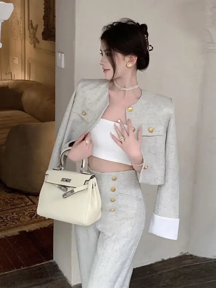 2025 Spring Autumn Women's Retro Casual Suit Jacket Wide Leg Pants Set Commuting Solid Round Neck Single Breasted Two-piece Sets