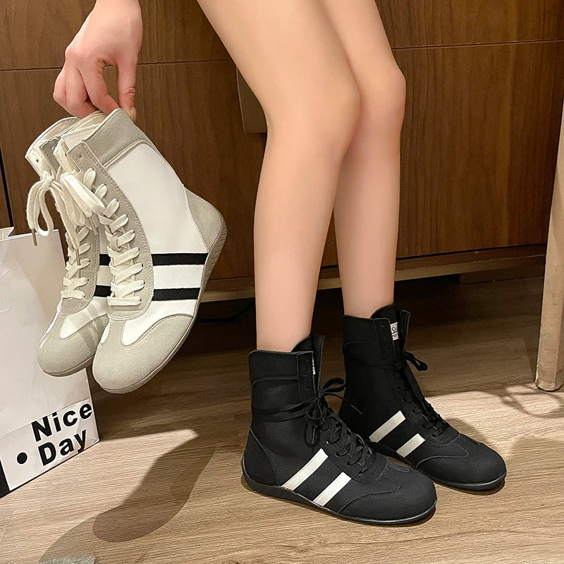 2025 Women's Sneakers Fashion High-top German Training Female Shoes Retro Round Toe Lace-up Boxing Boots for Women