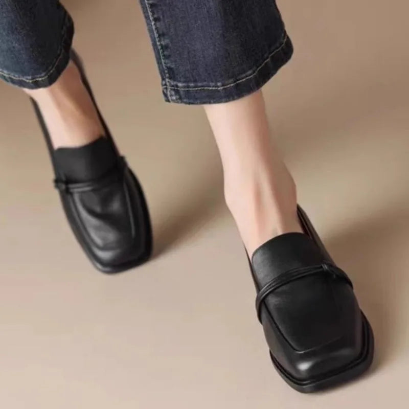 Classic Loafers Women Genuine Cow Leather Square Toe Pumps Slip-on Retro Lady Casual Cozy Shoes Handmade Size 40