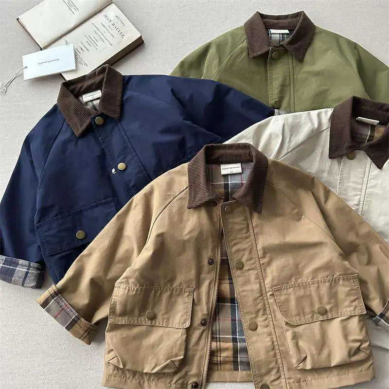 Spring Autumn Kids Boys Jacket Plaid Spliced Pocket Long Sleeve Toddler Boys Outerwears Coat Children Boys Jacket