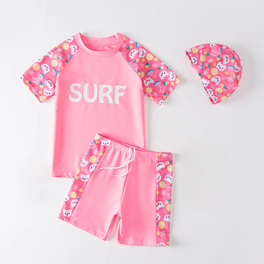 Kids Shark Print Swimwear Set 3Pcs Boys Short Sleeve Rash Guard Swimsuit + Trunks + Hat Children Beachwear Boys Bathing Suit
