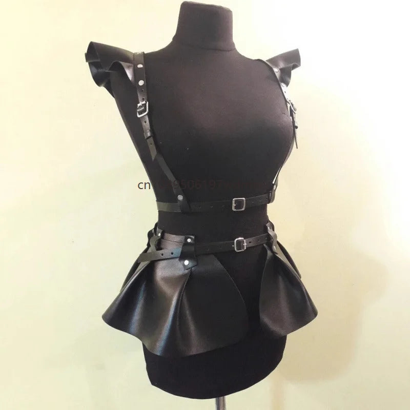 Women PU Leather Wing Shoulder Harness Peplum Skirt Adjustable  Buckle Rave Festival Outfit Clubwear Gothic Punk Cosplay Costume