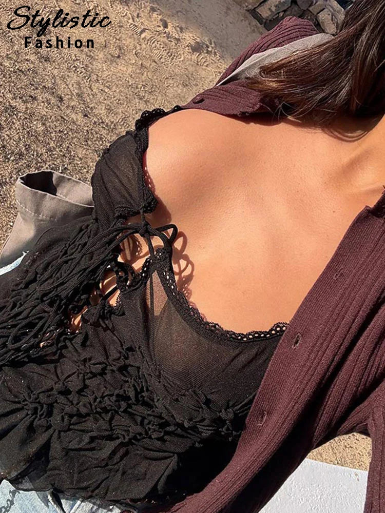 Sexy Lace Up Ruffles Vest Women See Through Hollow Out Slash Neck Solid Tops 2026 Spring Summer Chic Streetwear Clothes Lady