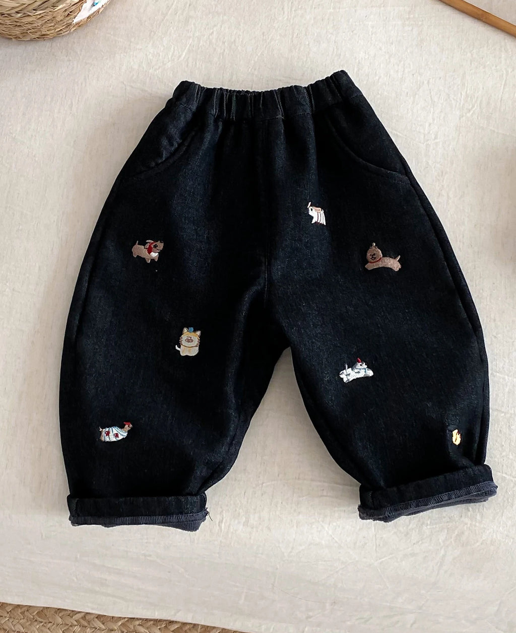 Winter Kids Pants Fur Lining Boys Jeans Embroidery Girls Denim Pants Thicken Girls Trousers
