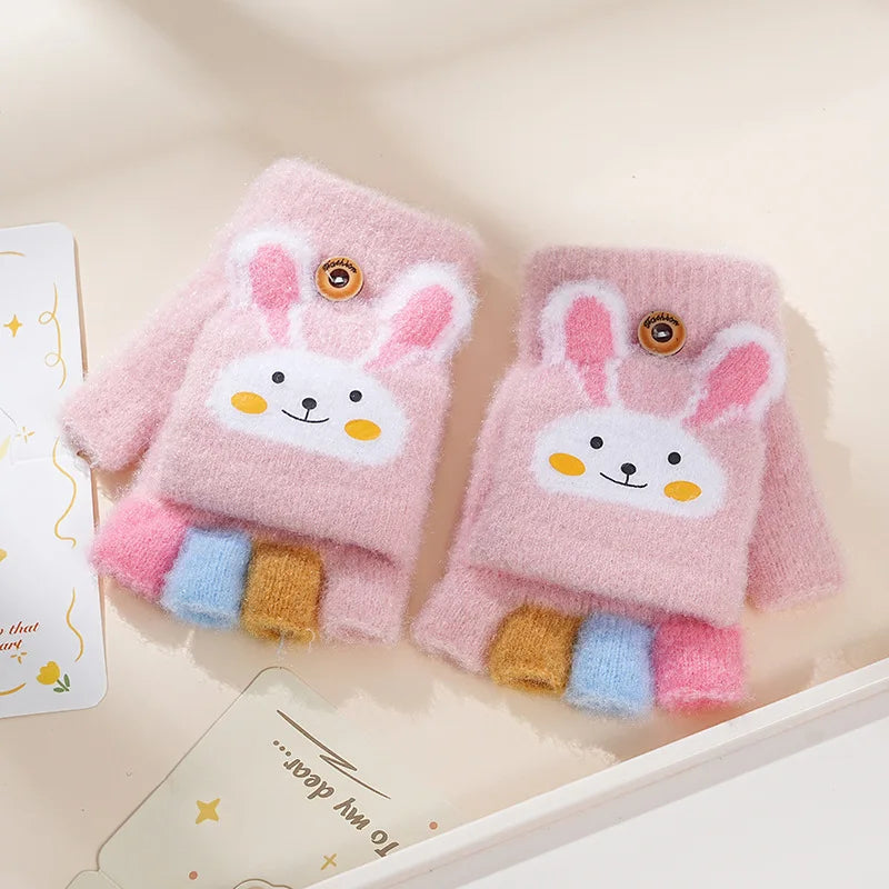 Children's Warm Gloves for Boys and Girls Cartoon Cute Half Finger Knitted Winter Flip Cover Baby Thick Cold Proof Five Fingers
