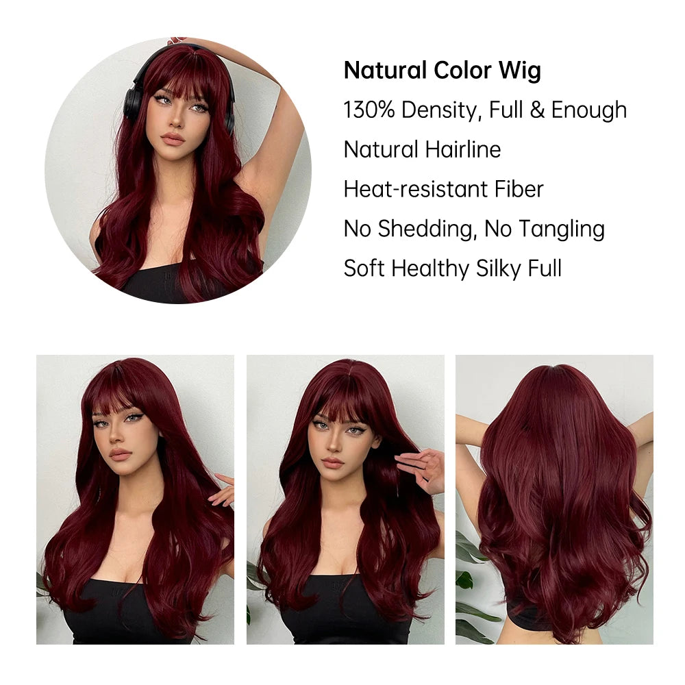 Wine Red Long Wavy Synthetic Wigs with Bangs for Women Colorful Burgundy Red Body Wave Cosplay Wig Halloween Heat Resistant Hair