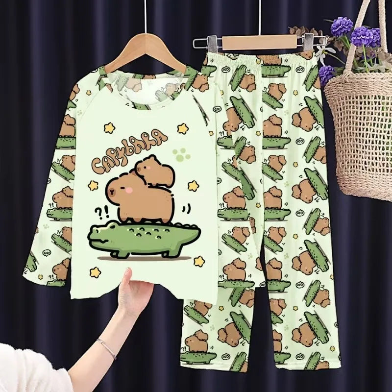 Capibara Kids Pajama Sets Long Sleeve Loungewear with Cute Animal Print Soft Sleepwear for Boys Girls Cartoon Sleepwear Outfit