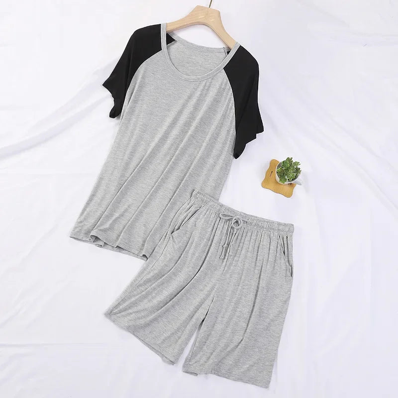 Summer Casual Pajamas Sets for Men Fashion Patchwork Comfort Modal Cotton Short Sleeve Shorts Home Two Pieces Men Sleepwear Suit