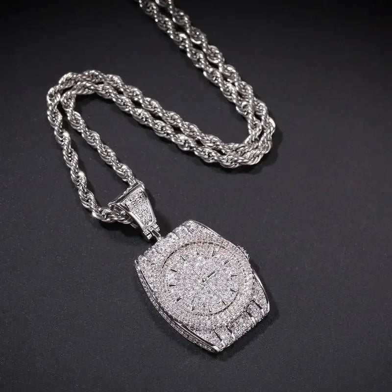 Exquisite Zircon Watch Shape Pendant Necklace Men and Women Trend Hip-Hop Rock Party Jewelry Gift Accessories