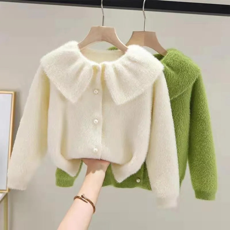 2025 New Spring/Fall Kids Korean Style Lightweight Mink Cashmere Sweater Cardigan for Girls - Stylish Thin Knit Jacket