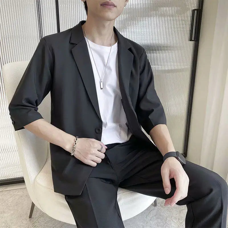 Men's Casual Half Sleeve Suit Jacket Polyester Fiber Breathable round Hemline Single Button Closure Standard Fit Adult Wear