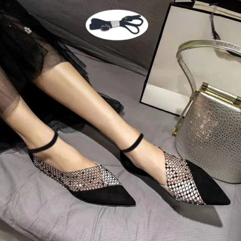 Women's Walking Sneakers, Lightweight Breathable Open Back Flats, Rhinestone Mesh Pointed Toe Dress Shoes for Party & Banquet