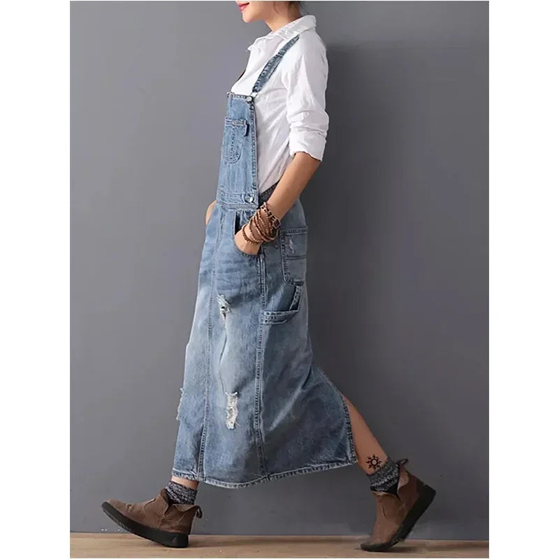 Women Denim Dresses Suspender Sleeveless Strap Straight Long Skirts Romper Loose Jumpsuit Overalls Jeans Dresses 2024 Vestidos