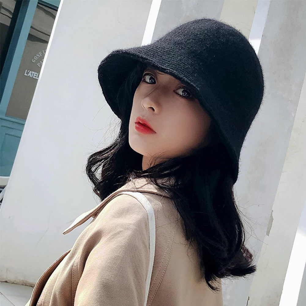 Hip Hop Women Thicken Autumn Knitted Winter Bucket Hat Warm Hats Felt Wool Hat Fishing Cap
