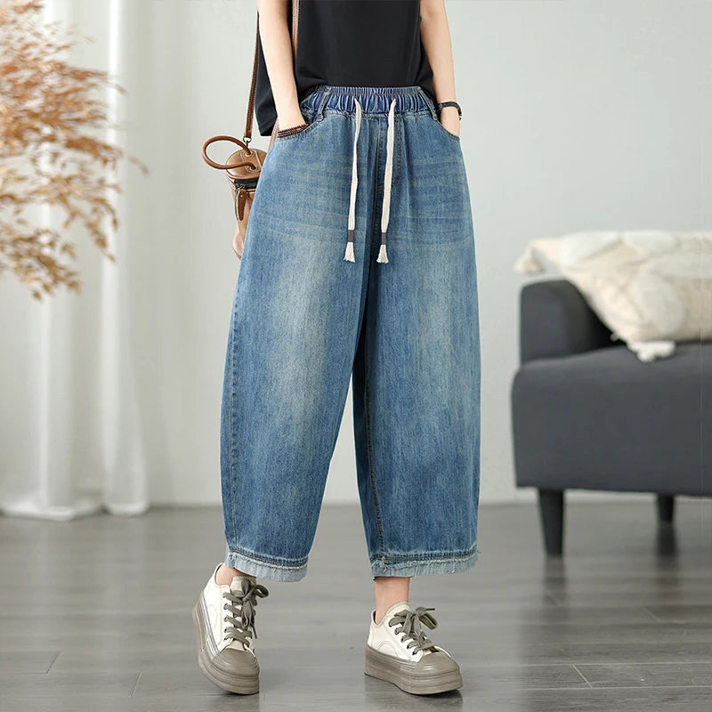 Casual High Waist Wide Leg Jeans Women's Loose Fit Slimming Summer Thin Sle Lantern Pants  Lyocell Fabric Water Wa