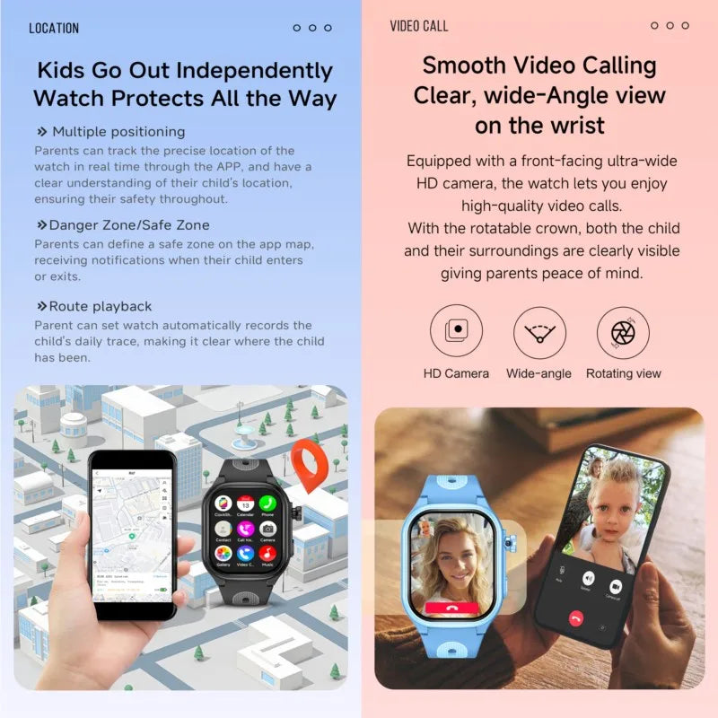 Kids 4G Smartwatch with 2.0 Inch HD Screen, 2+16GB Memory, GPS WiFi Locator, Video Call Camera, Waterproof Child Monitor Watch