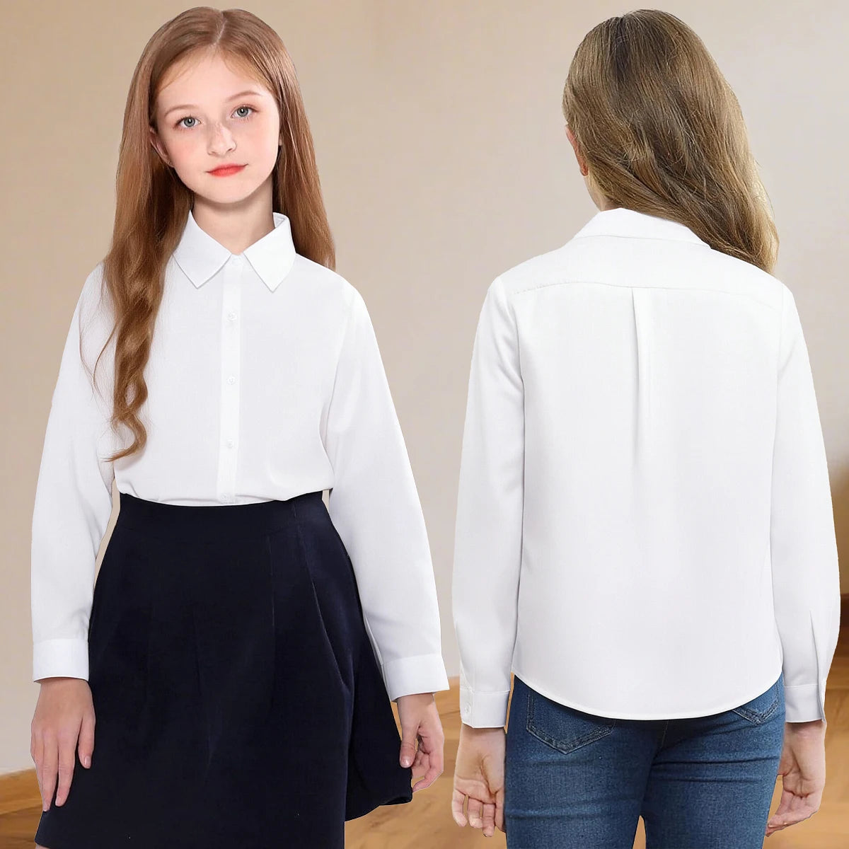 White Shirt Kids Girls School Graduation Birthday Wedding Daily Tops Casual New Style Clothes  Long Sleeve 8 to 14 year
