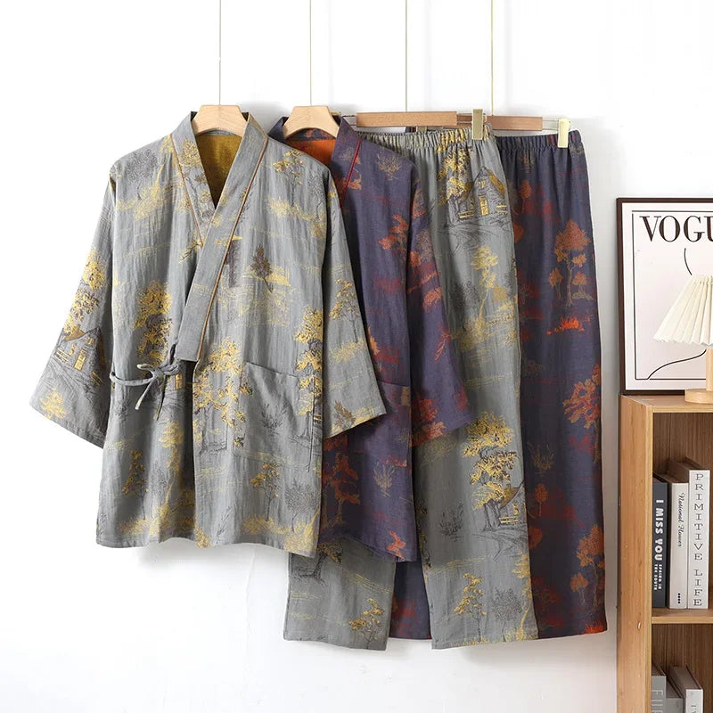 Autumn Kimono Men's Spring Robes with Long Pants Pajamas Set Home Clothes Cotton Loose Pijama Masculino Clothes