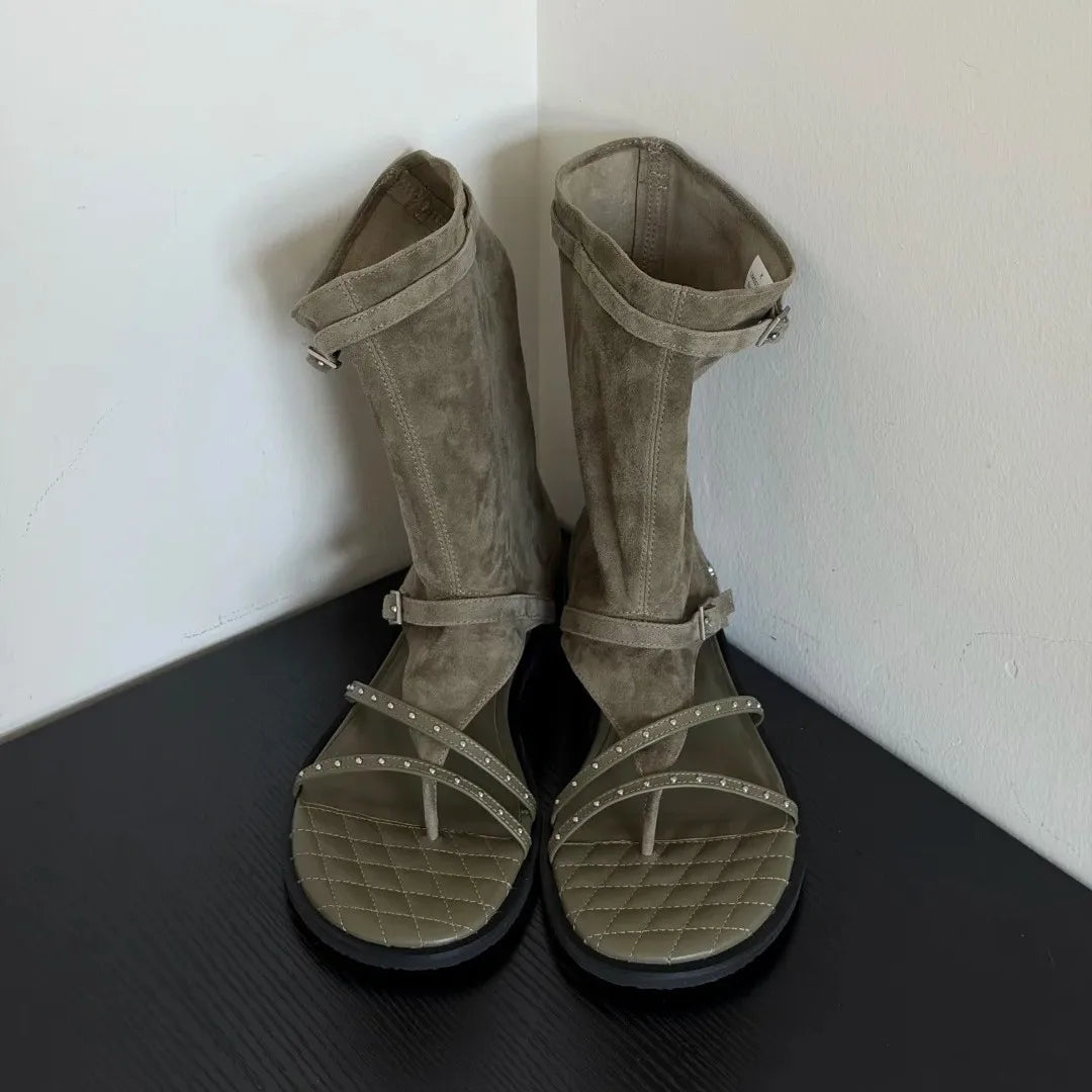 Women's Boots New style mid-calf boots with buckle mid-heel mid-length boots summer flip-flops chunky heel shoes for Women