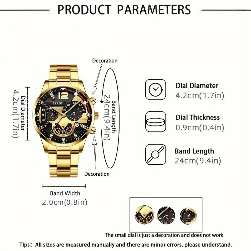 5Pieces/Set,Men's Watch Set, Fashion Classic Quartz Men's Watch, Necklace, Ring, Bracelet Men's Jewelry Set, Ideal Gift for Men.