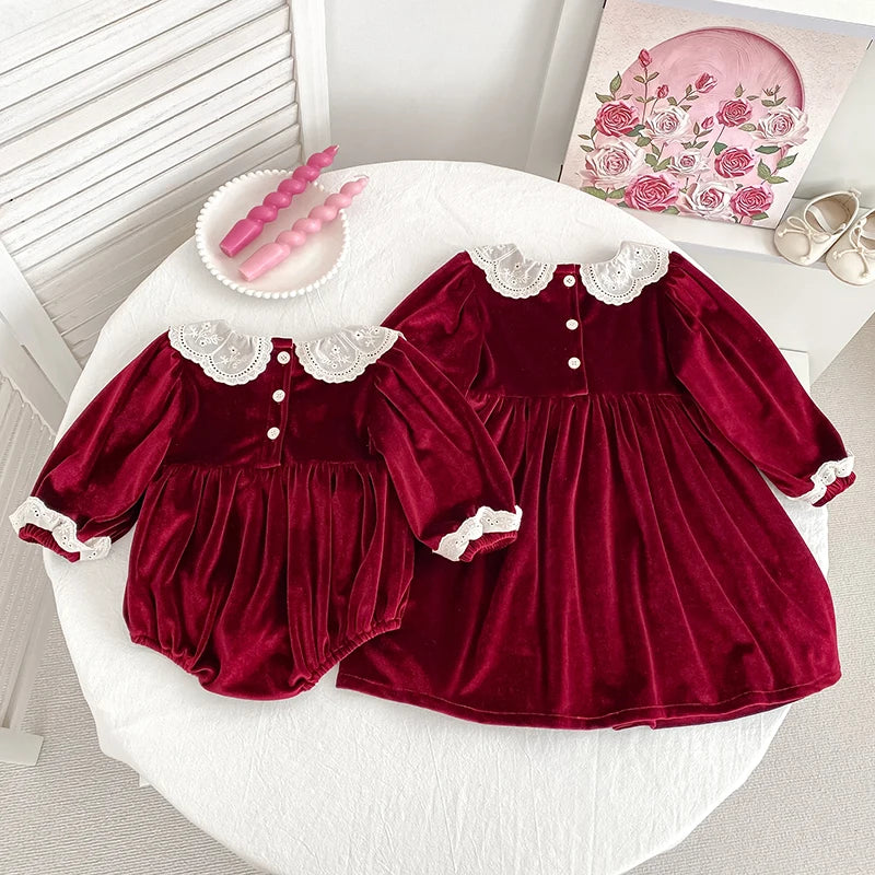New Christmas Kids Party Dress Baby Bodysuits Sisters Clothes Autumn Sisters Girls Princess Dress Lace Red New Year Kids Clothes