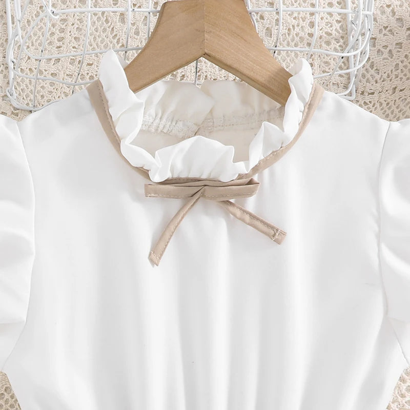 Kids Dresses for Girls 8-16 Years White Small Flying Sleeves Pleated Skirt Korean Style Elegant Daily Teenager Princess Dress
