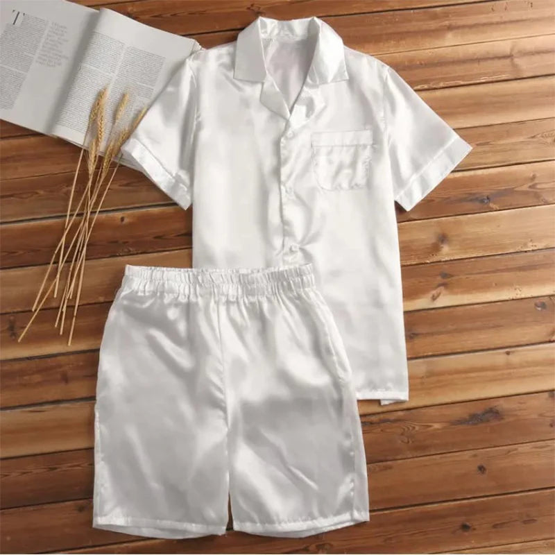 Men's Loose Smooth Skin-friendly Short-sleeved Pajamas Set Solid Color Leisure Home Wear Buttoned Shirts and Shorts 2-piece Suit