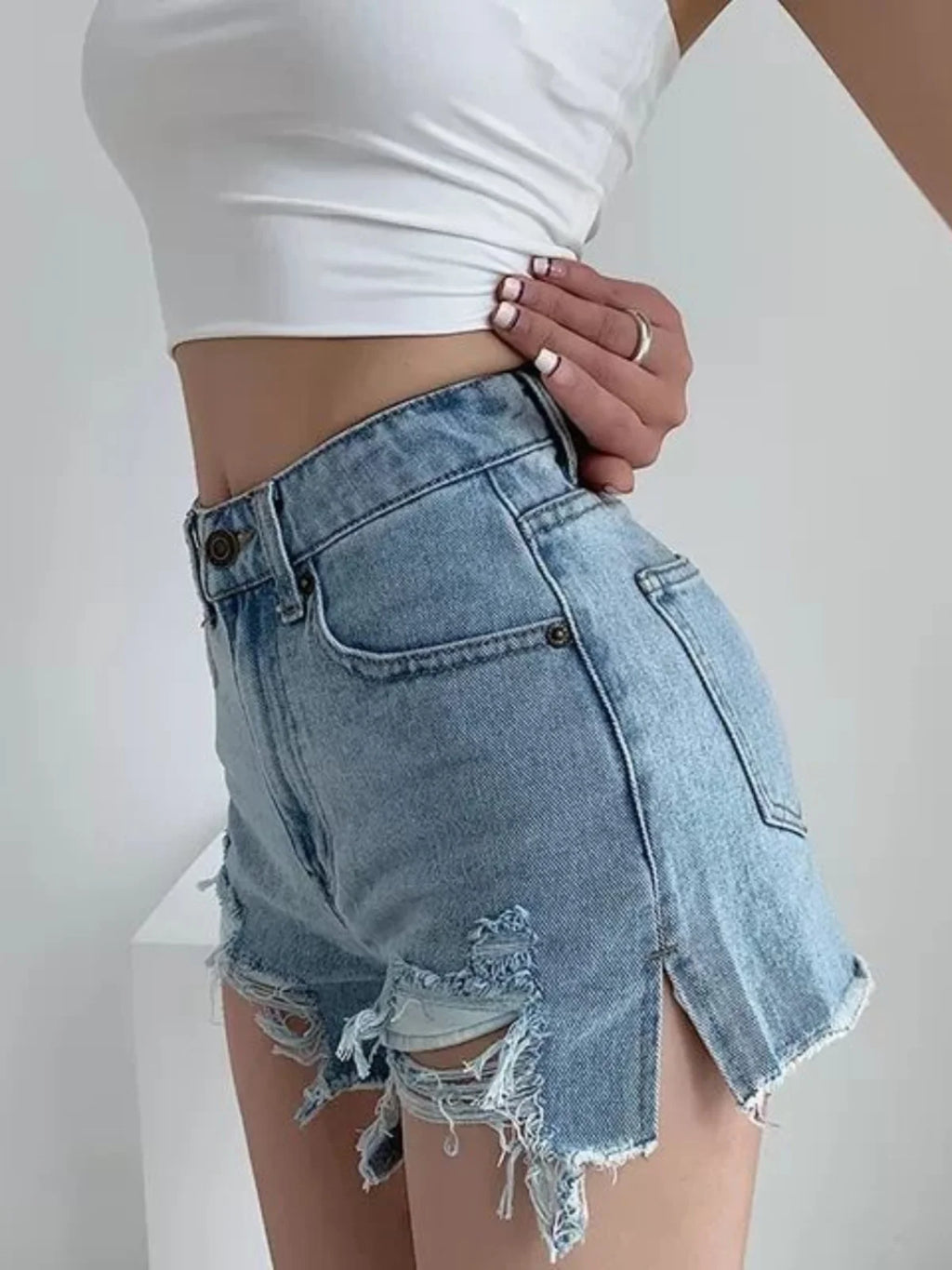High Waist Slimming Loose Wide Leg A-Line Hot Pants Women's Summer New Sle Spicy Girl Slit Ripped Frayed Denim orts