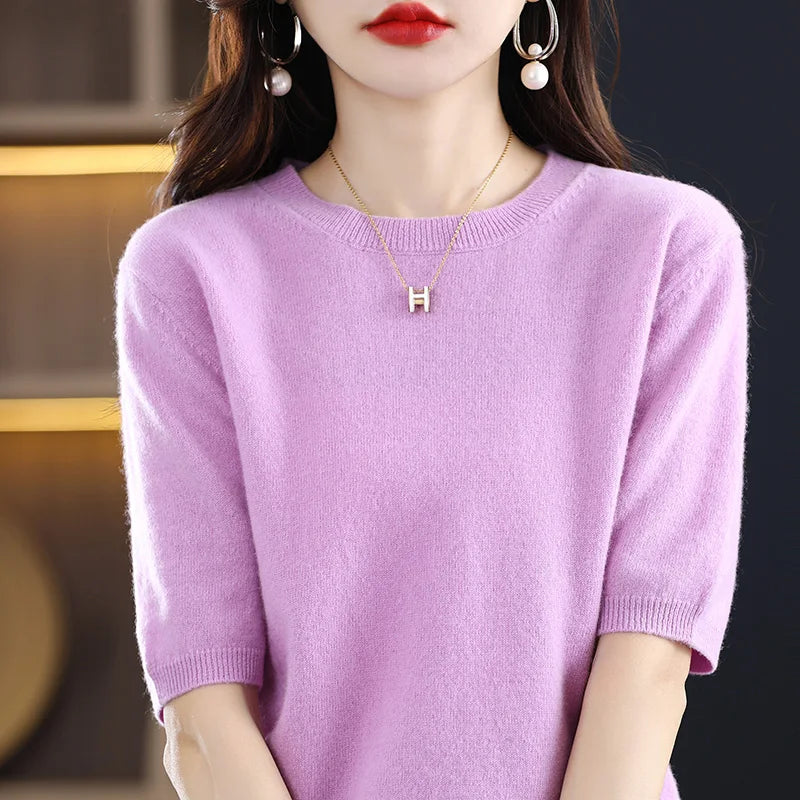 2025 New Spring Summer Women Sweater Short Sleeve O-Neck Pullover 100% Merino Wool Pure Color Knitted Jumper Female Clothing