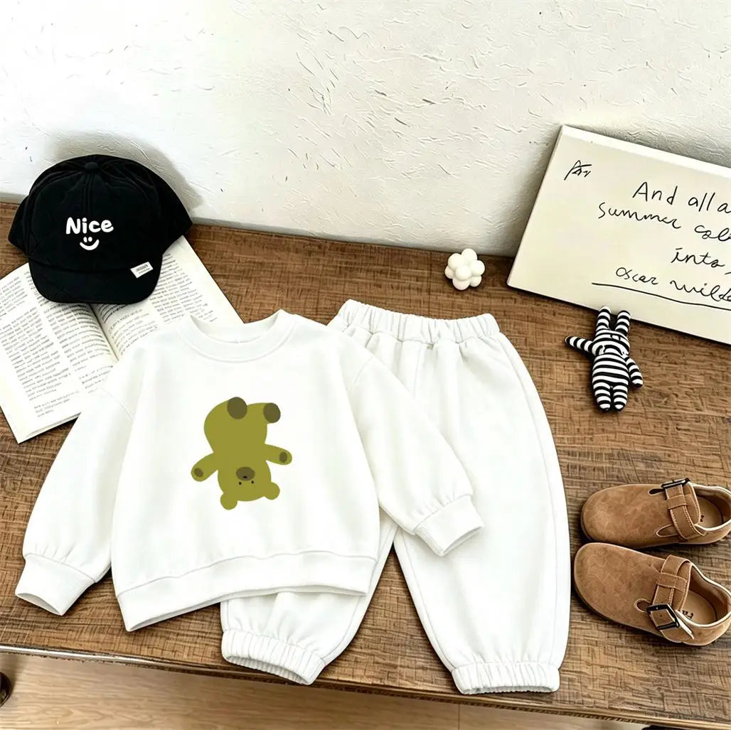 Kids New Design Hoodies Loose Pants 2Piece Set Cartoon Printed Pullovers Solid Color Pants Infant 2027 Sprong Autumn Costume