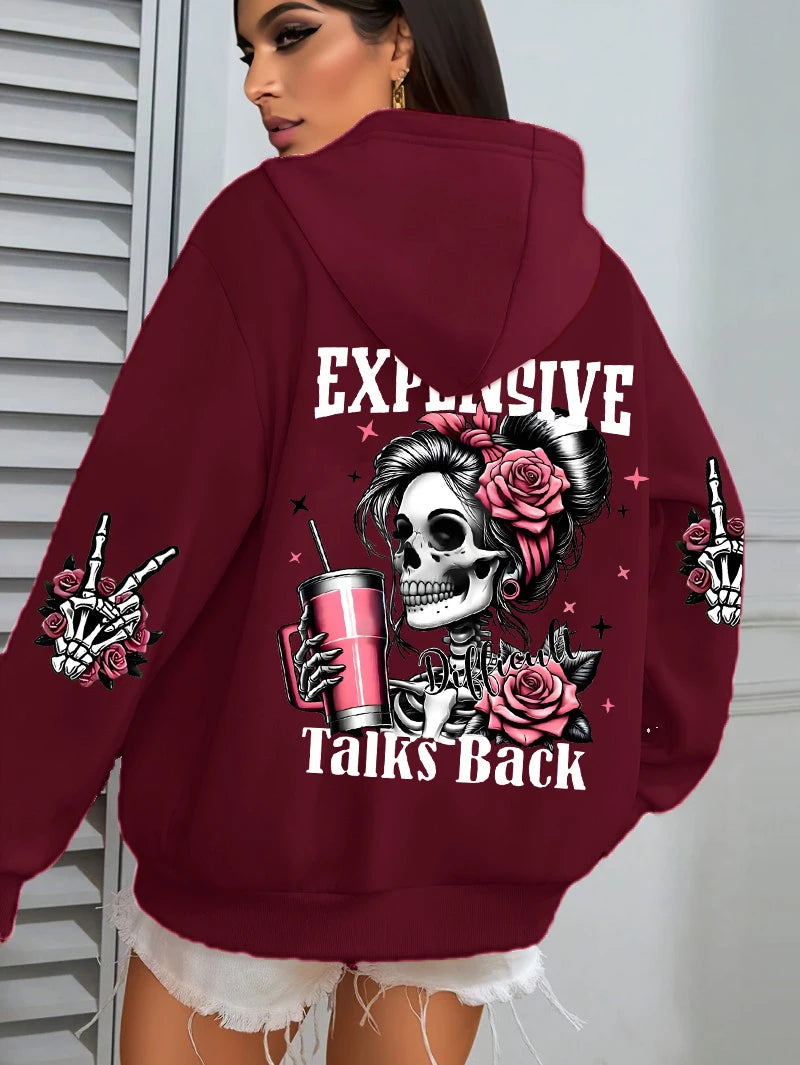 Expensive Talks Back Funny Printing Womens Plus Size Hoodie Multicolor Pullovers Fleece Autumn Sportswear Casual Pocket Hoody