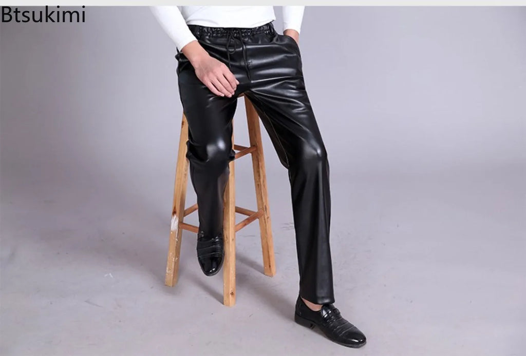 New Men's Loose Casual Leather Pants Fashion Water-poor Motorcycle PU Leather Pants Spring Autumn Simple Versatile Male Trousers
