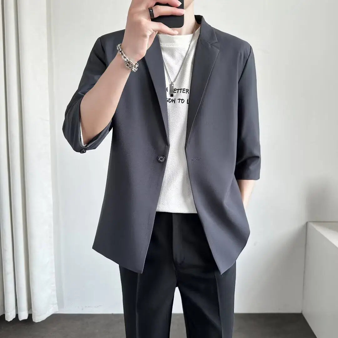 Men's Casual Half Sleeve Suit Jacket Polyester Fiber Breathable round Hemline Single Button Closure Standard Fit Adult Wear