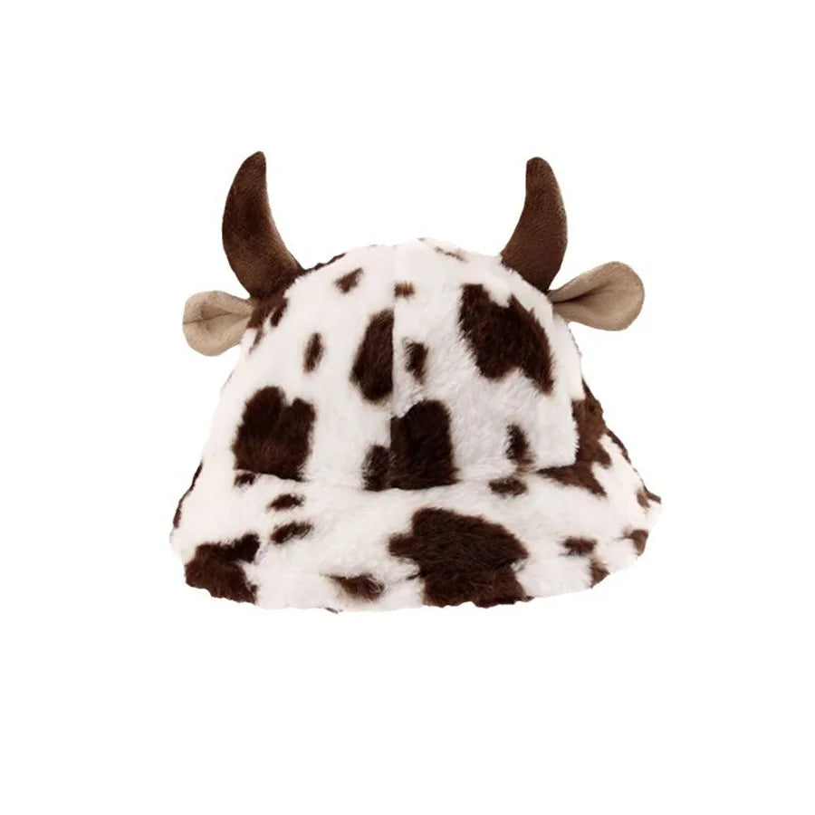Women's Cow Print Horn Fisherman Hat - Korean Style, Fleece-Lined, Thickened & Warm Bucket Hat for Winter