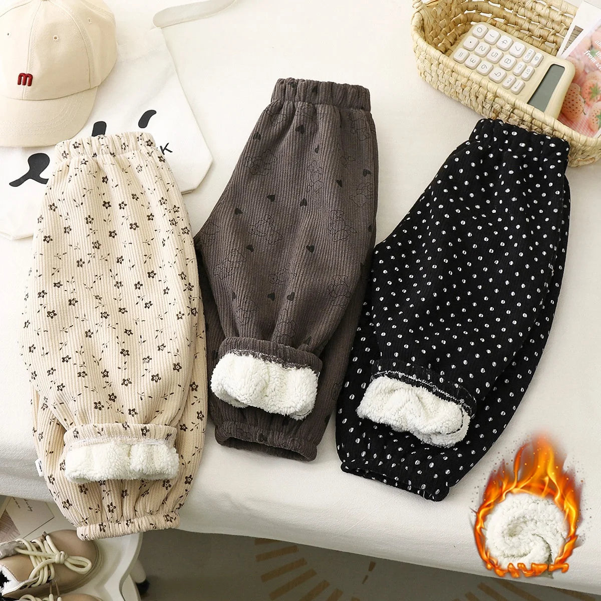 2026 Early Spring Fleece Lined Unisex Kids Pants Printed Toddler Boys Girls Trousers Retro Polka Dot Pattern Children's Clothes