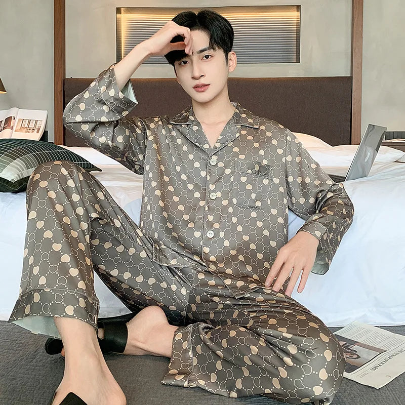 High Quality Men Pajamas Suit Spring Fall Ice Silk High-end Long-sleeved Sleepwear Set Female Ethnic Style Large Size Loungewear
