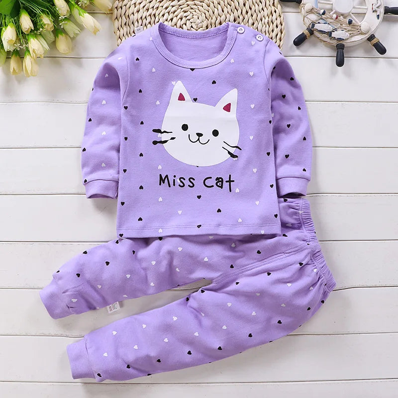 Baby Girl Home Clothes Pajamas Long Pants T-shirt Cartoon Underwear 2-Piece Cartoon Cat Pattern Girls Clothes Suit 0 to 6 Years