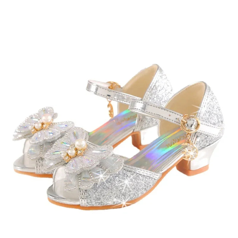 Children's Princess Wedding Party Shoes Summer New Girls Crystal Sandals Fashion Pearl Bowknot Baby Kids Performance High Heels