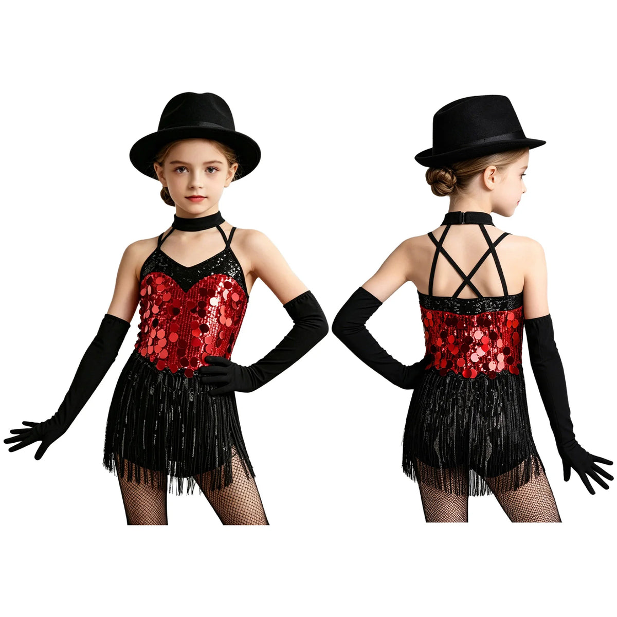 Kids Girls Latin Dance Dress Halter Sleeveless Shiny Sequins Fringed Leotard with Gloves Tango Samba Salsa Ballroom Dancewear