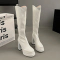 Women's Boots Fashion Comfy Black White Knee-High Boot Soft Leather Chunky Heel Long Boots Elegant Women Retro Boots Botas Mujer