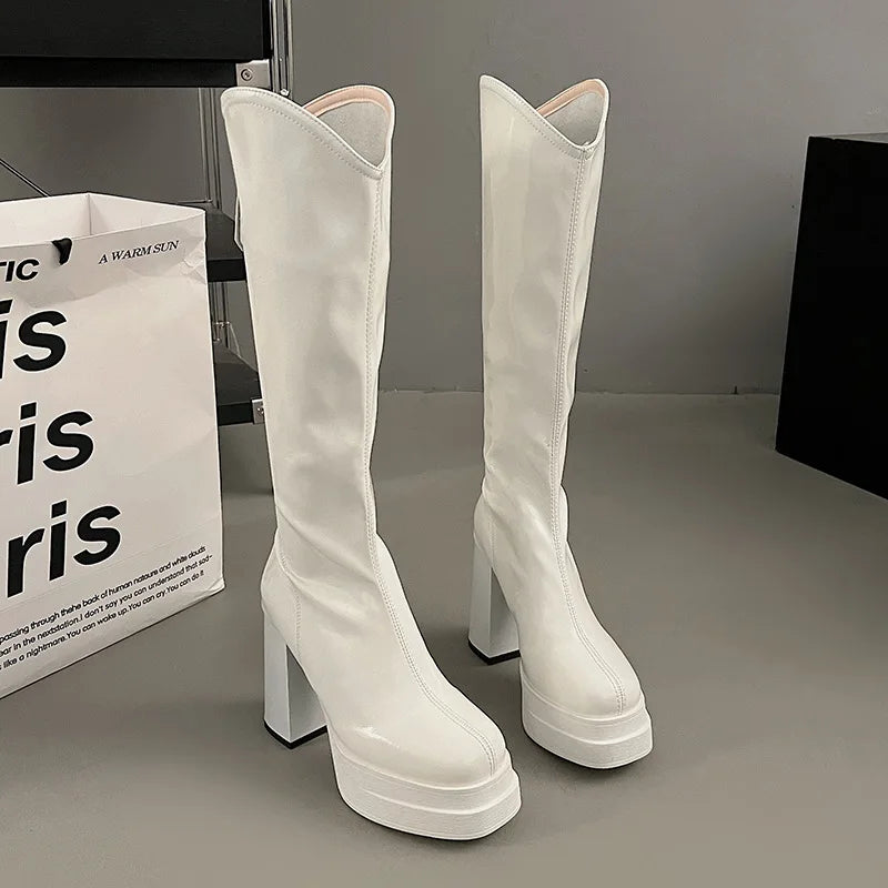 Women's Boots Fashion Comfy Black White Knee-High Boot Soft Leather Chunky Heel Long Boots Elegant Women Retro Boots Botas Mujer